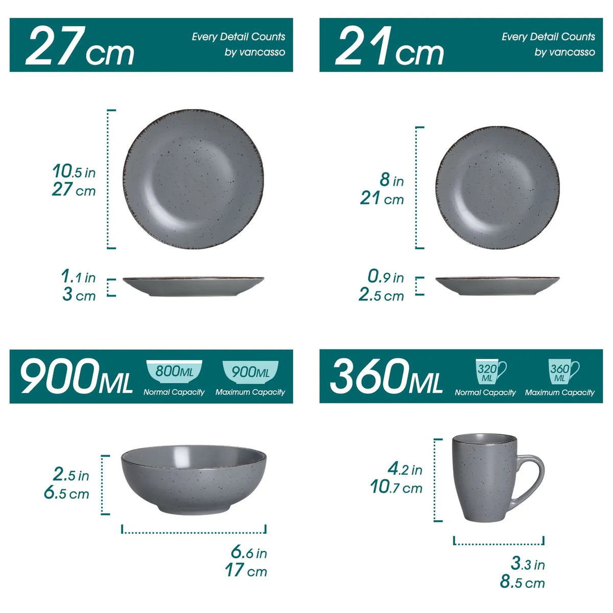 "Vintage" Kollektion | 16/32/48-tlg. Geschirr Set | Grau | Steingut - Töpferkunst | Steingut Geschirrsets