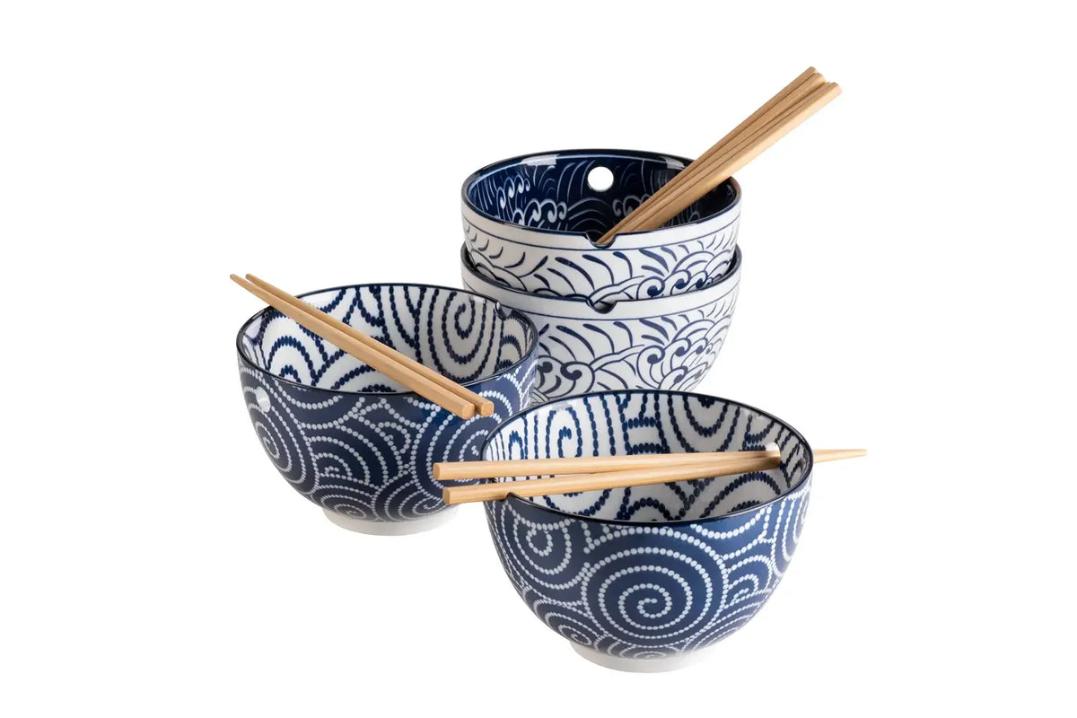 Service de bols Kyoto "Culinary Delight", avec baguettes, 2 décors | 8 pièces | Bleu | Porcelaine
