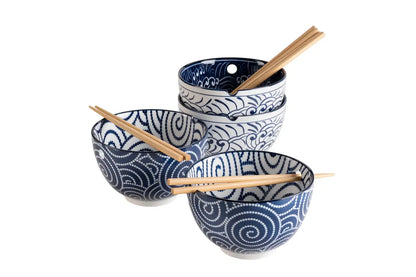 Service de bols Kyoto "Culinary Delight", avec baguettes, 2 décors | 8 pièces | Bleu | Porcelaine