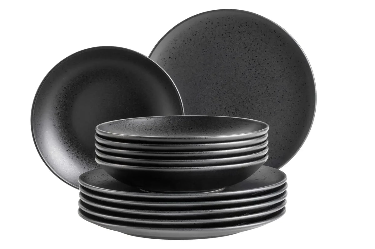 Service de table puriste | 12 pièces | Noir | Grès | Fabriqué au Portugal
