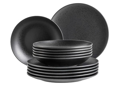 Service de table puriste | 12 pièces | Noir | Grès | Fabriqué au Portugal