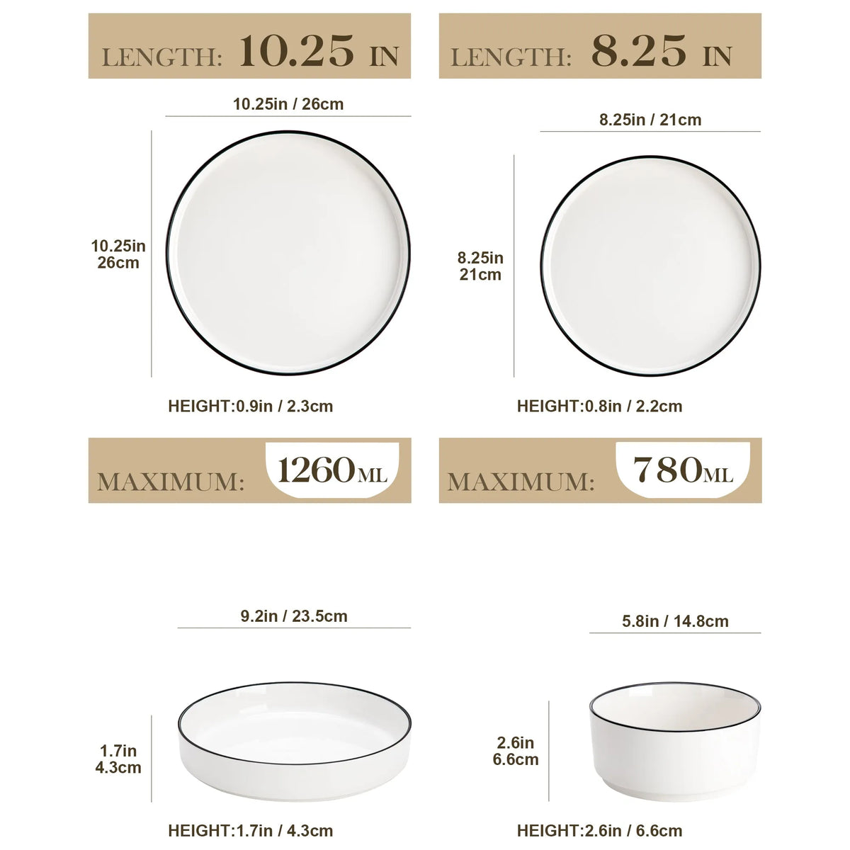"Ivory" Kollektion | 24/48-tlg. Geschirr Set | Weiß (schwarzer Rand) | Steingut - Töpferkunst | Steingut Geschirrsets