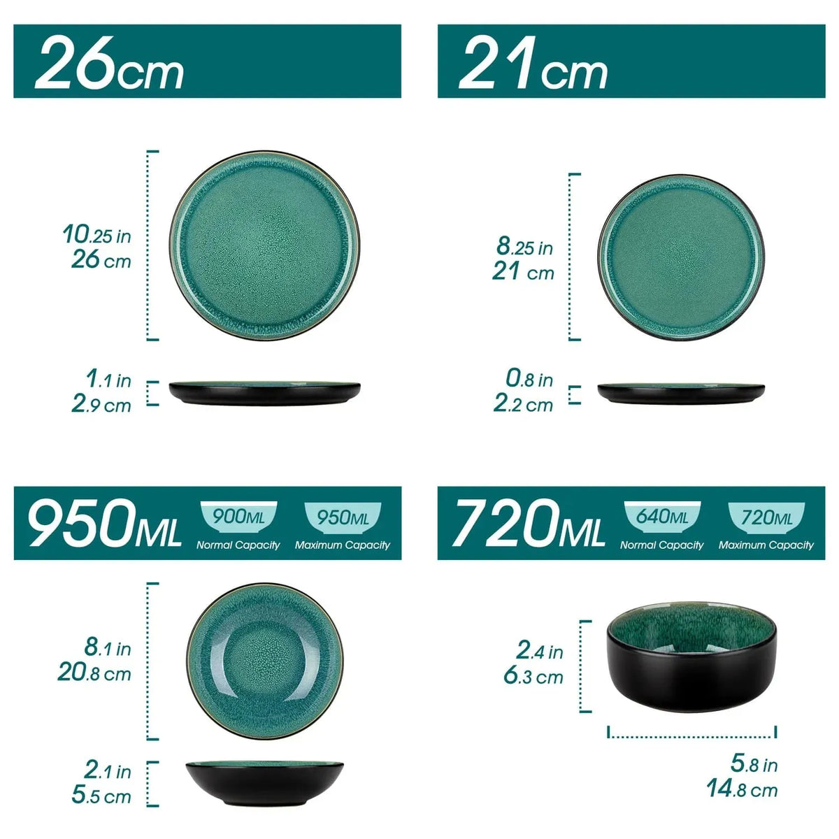 "Chic" Kollektion | 16/24/32-tlg. Geschirr Set | Grün, Schwarz | Steingut - Töpferkunst | Steingut Geschirrsets