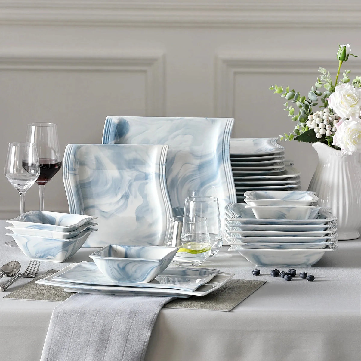 "Nordic" Kollektion | Geschirr Set 26-tlg. | weiß-blau | Porzellan - Töpferkunst | Steingut Geschirrsets