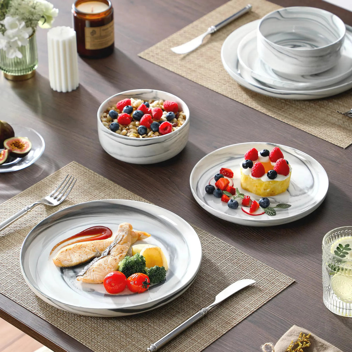 "Nordic" Kollektion | Geschirr Set 18/36-tlg. | Weiß, grau | Porzellan - Töpferkunst | Steingut Geschirrsets