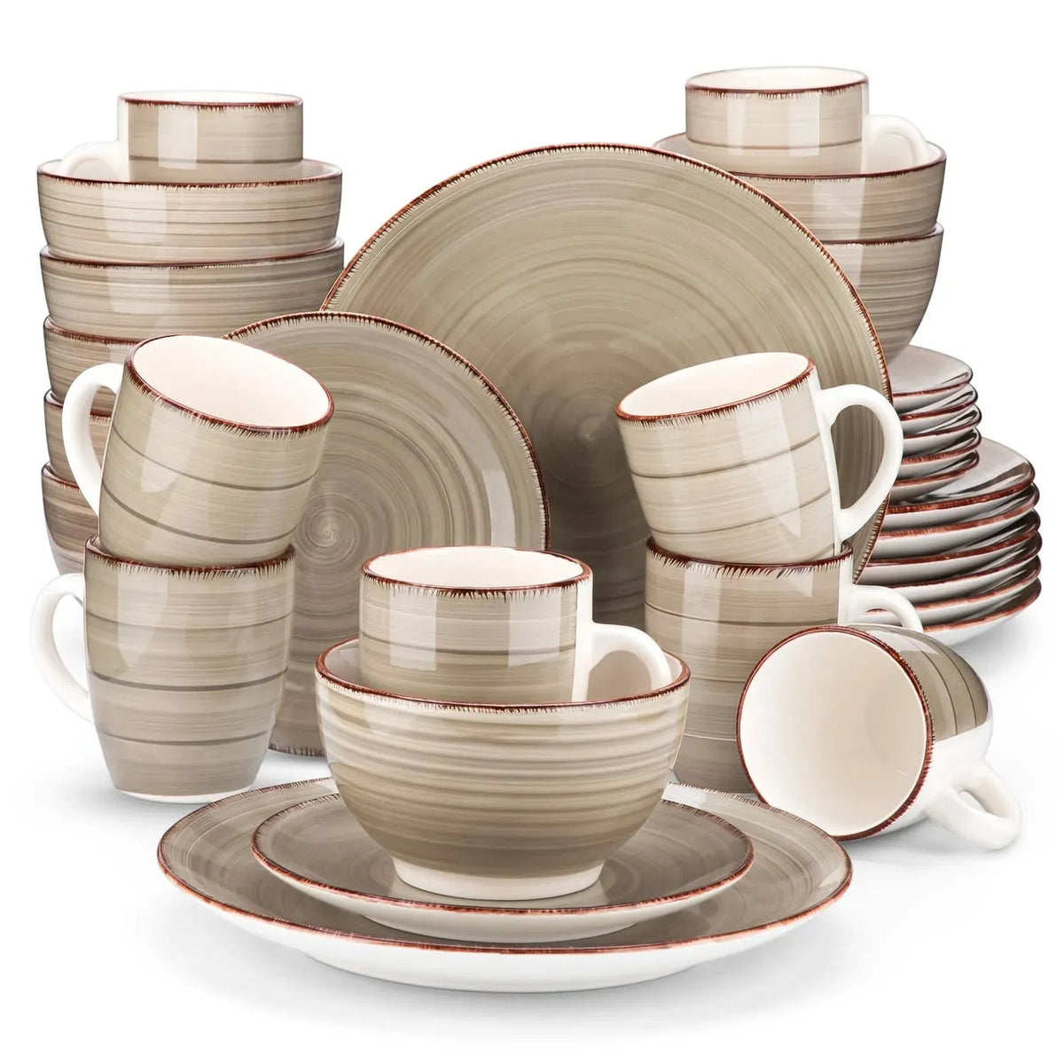 "Spiral" Kollektion | 16/32/48-tlg. Geschirr Set | Braun, Beige | Steingut - Töpferkunst | Steingut Geschirrsets