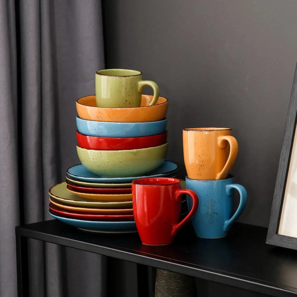 "Retro" Kollektion | Geschirr Set 16/32/48-tlg. | bunt | Steingut - Töpferkunst | Steingut Geschirrsets